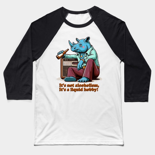 Retro Drunk Rhino Cartoon - 70s Party Animal with Vintage Radio and Humor Quote Baseball T-Shirt by TimeWarpWildlife
